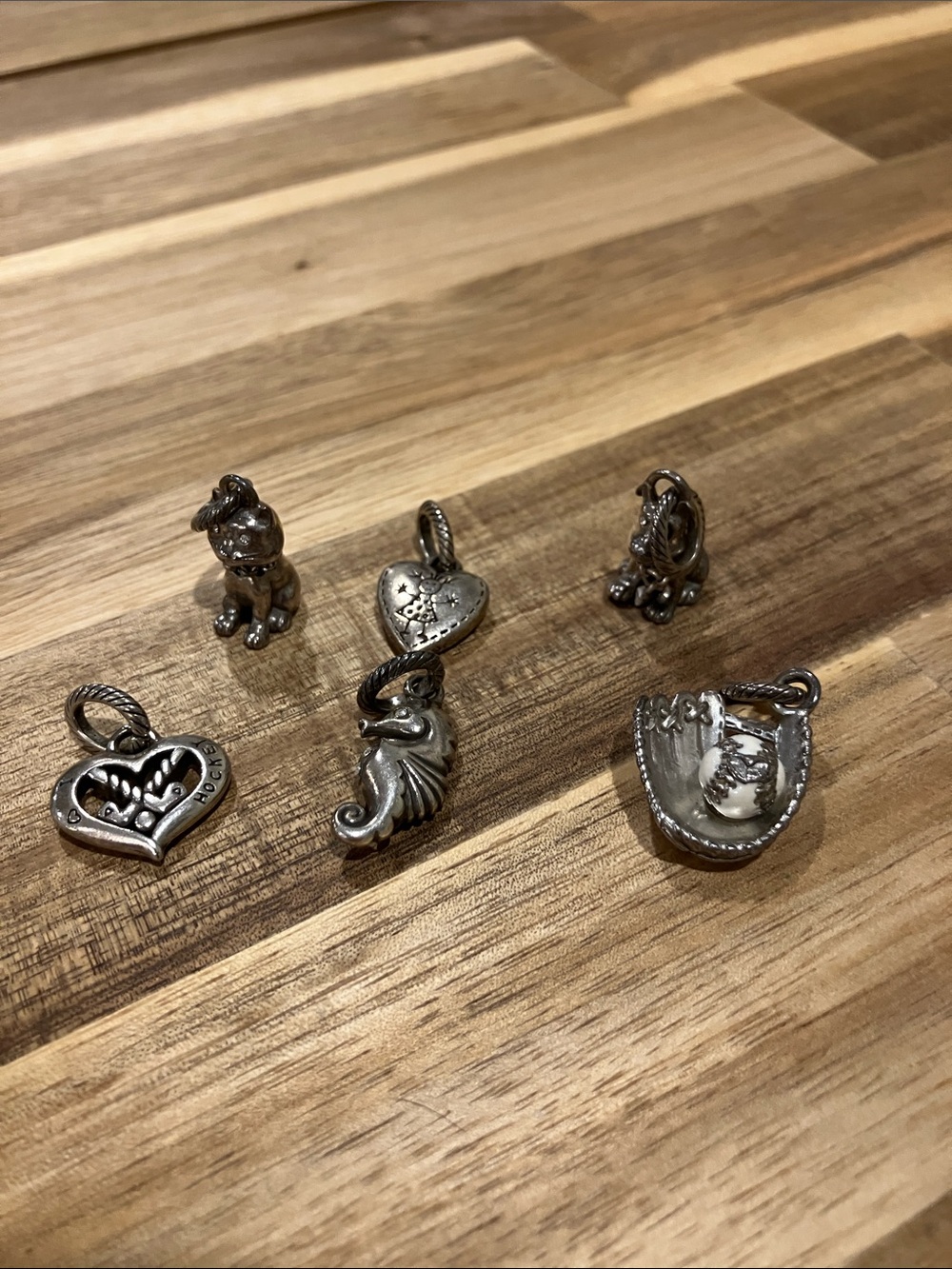 Brighton Silver Charm Set with Heart, Seahorse, Dog & Purse Motifs- set of 6
